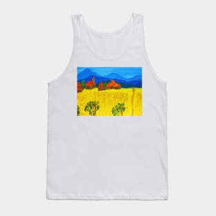 Landscape with yellow filed and blue hills Tank Top